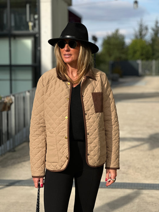 Doudoune Capucine matelassé beige et effet daim choco HX1815CFG