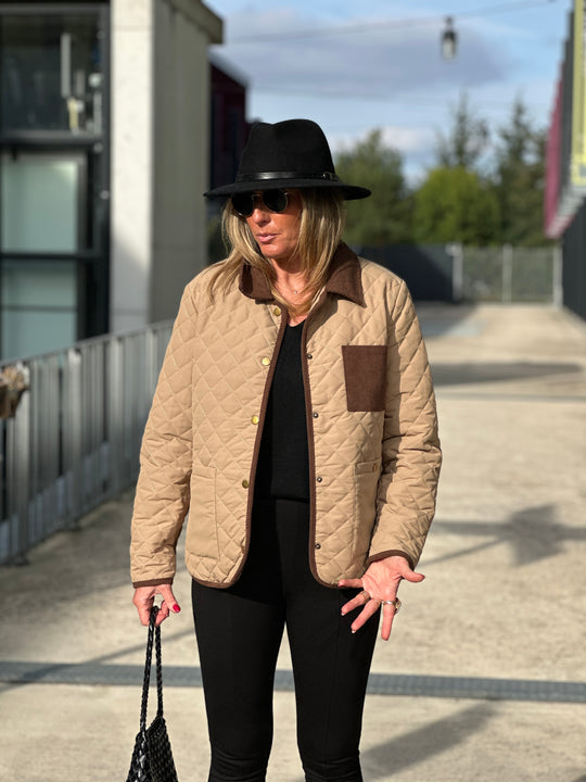Doudoune Capucine matelassé beige et effet daim choco HX1815CFG