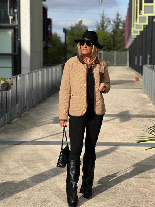 Doudoune Capucine matelassé beige et effet daim choco HX1815CFG