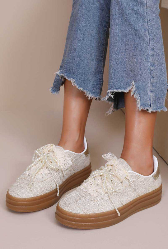 Baskets beige lacets perles BH-2206