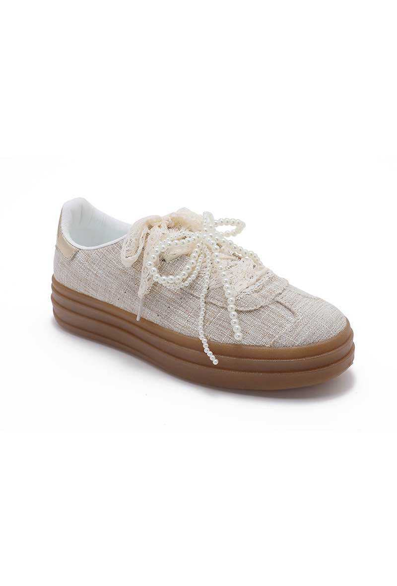 Baskets beige lacets perles BH-2206