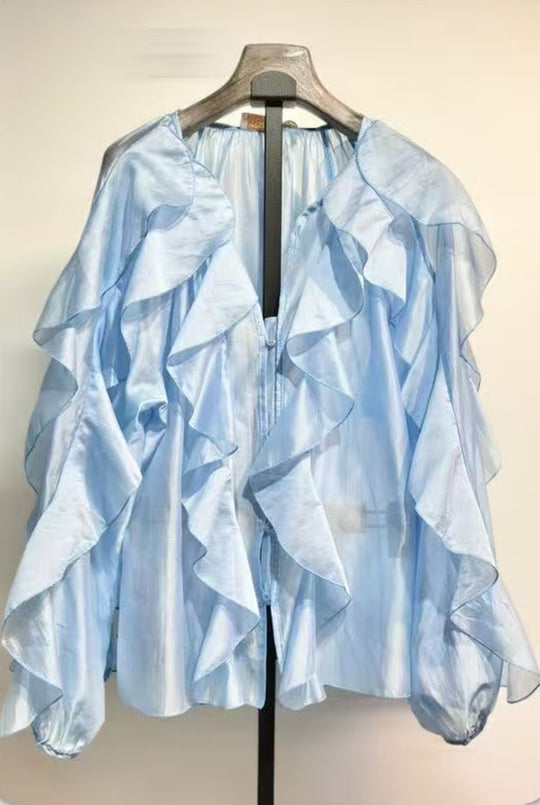 Blouse bouffante volant Bleu flamenco