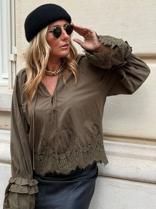 Blouse manches dentelles Vert H3052