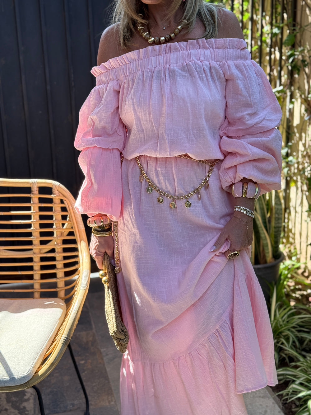 Ensemble Rose haut épaules dénudées + jupe longue 9376