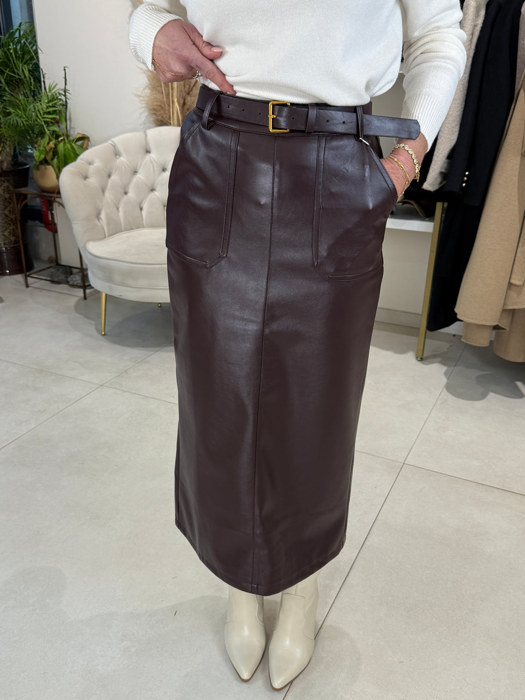 Jupe similicuir tube fente ceinture Bordeaux 7971
