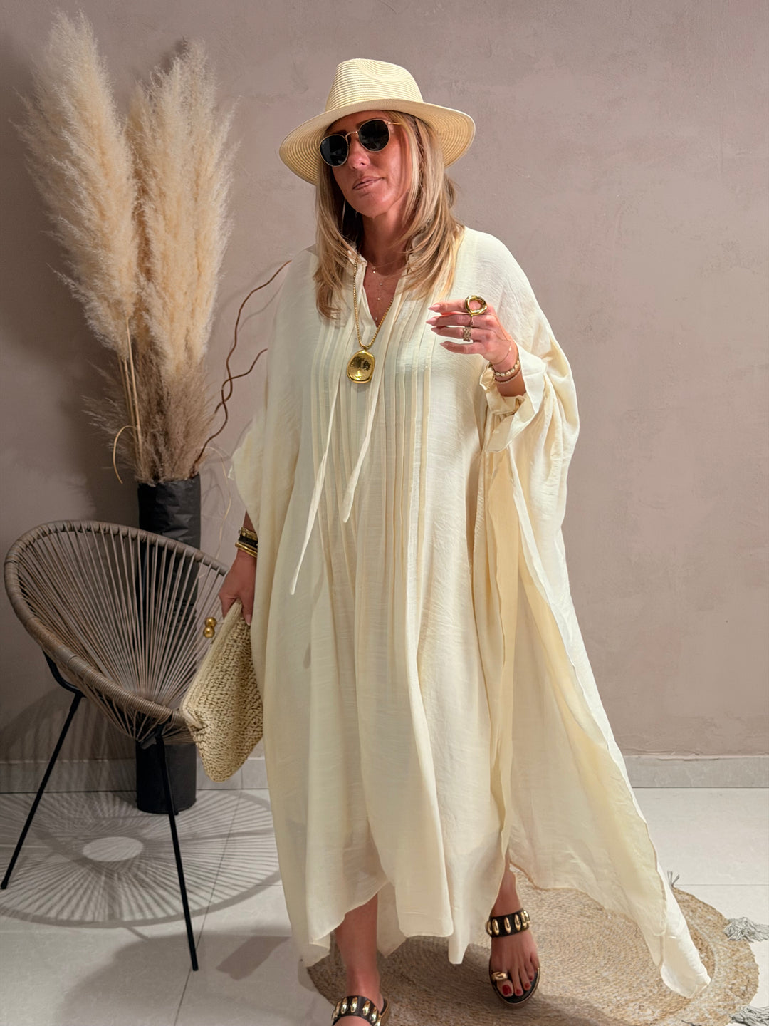 Robe drape volant en Beige JY5216