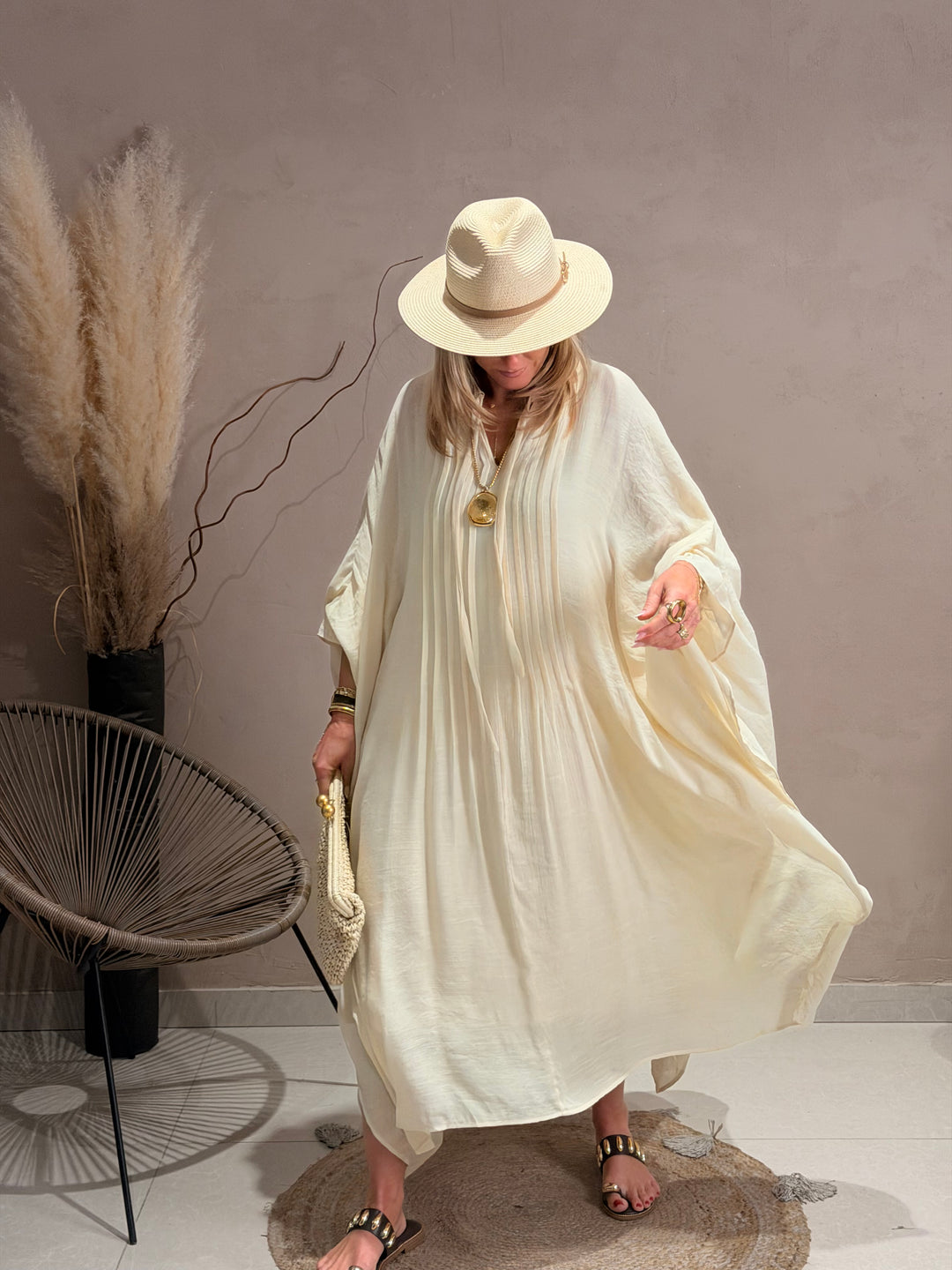 Robe drape volant en Beige JY5216