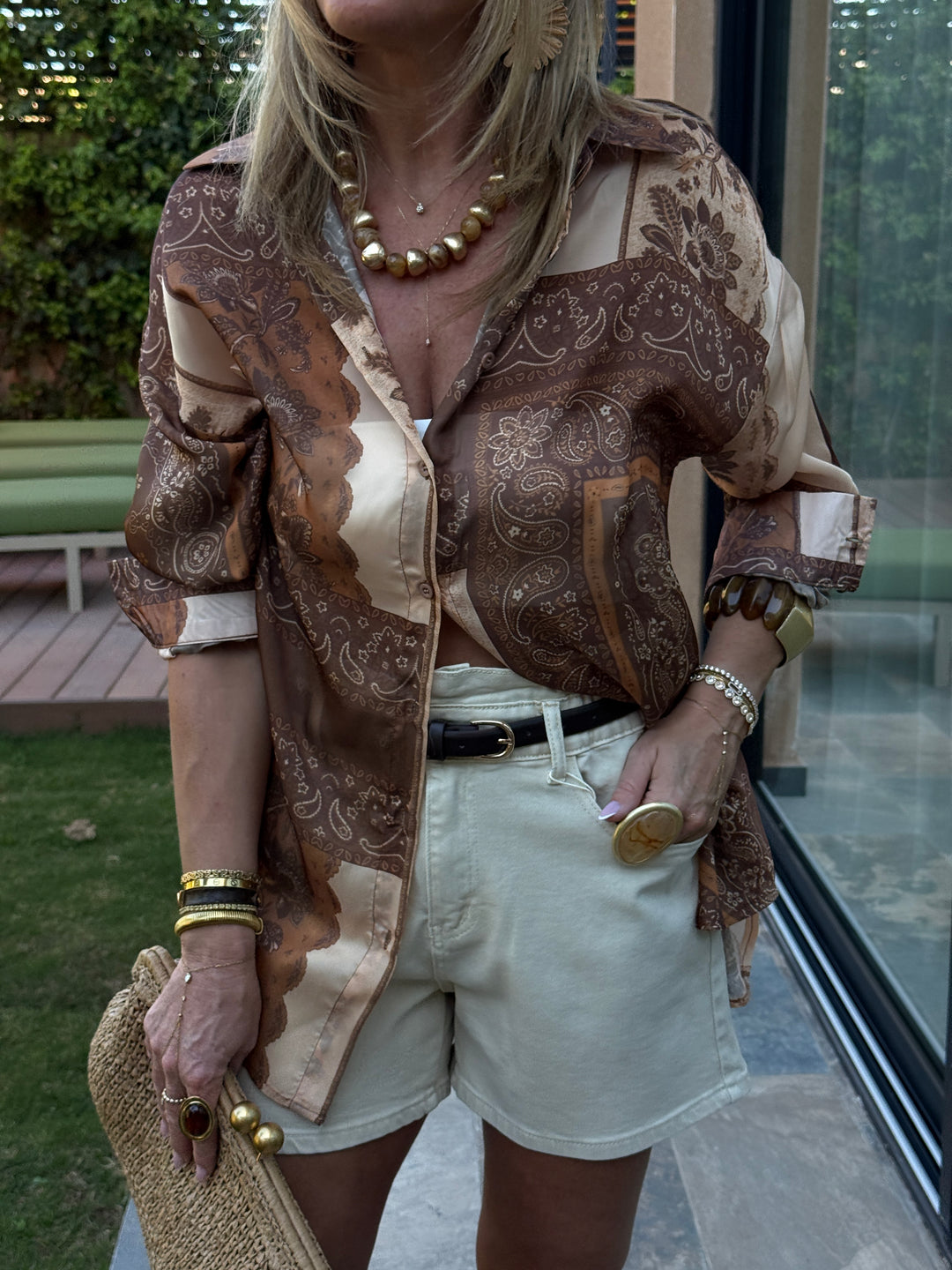 Chemise soie imprimée camel 11689