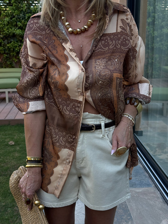 Chemise soie imprimée camel 11689