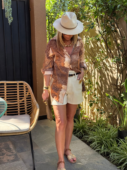 Chemise soie imprimée camel 11689