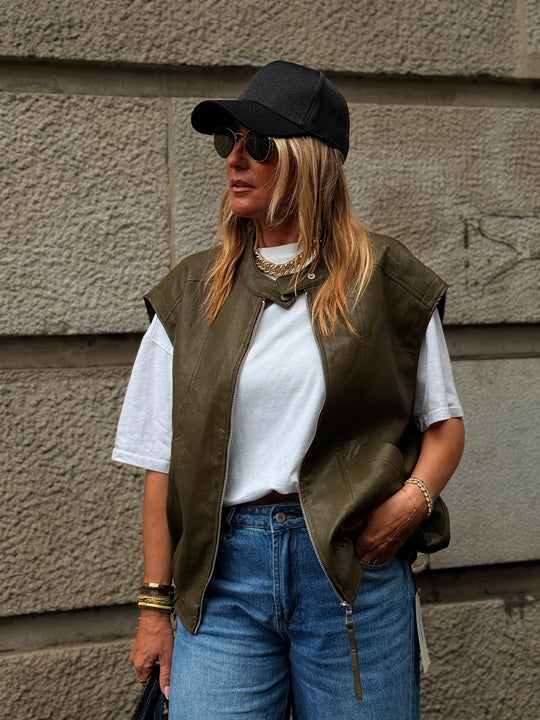 Veste similicuir sans manches vert