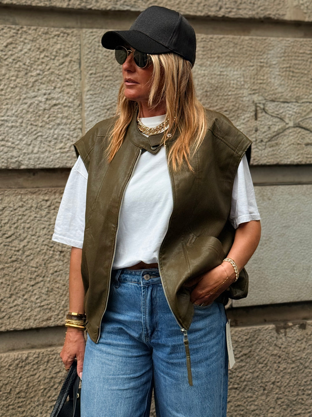 Veste similicuir sans manches vert