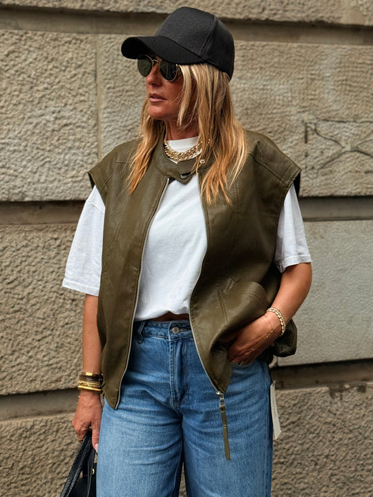 Veste similicuir sans manches vert