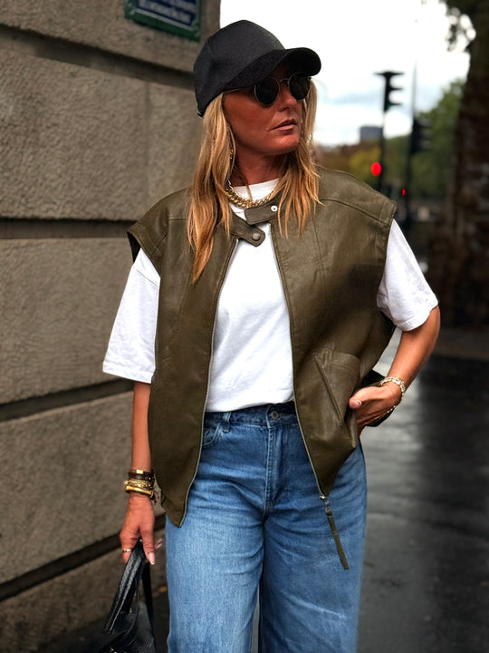 Veste similicuir sans manches vert