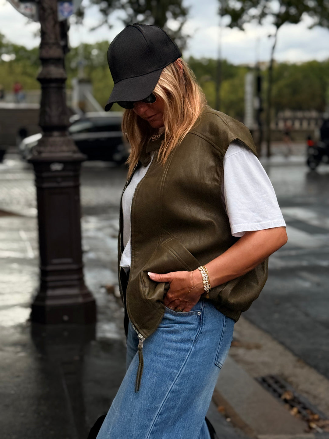 Veste similicuir sans manches vert