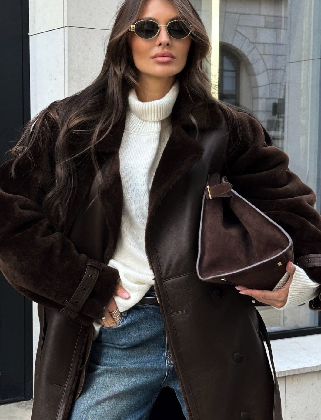 Manteau moumoute cuir CV2193 choco