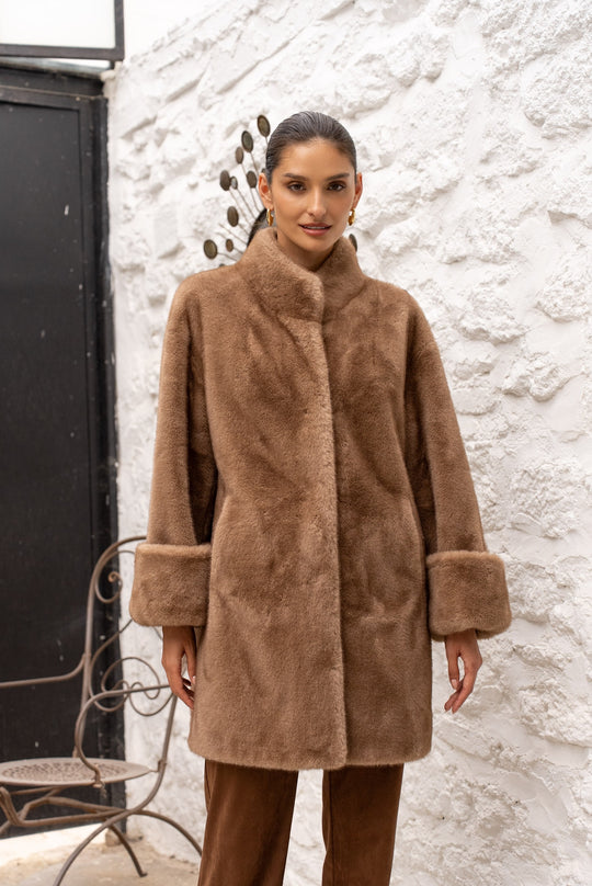 Manteau camel fourrure mi-long F087