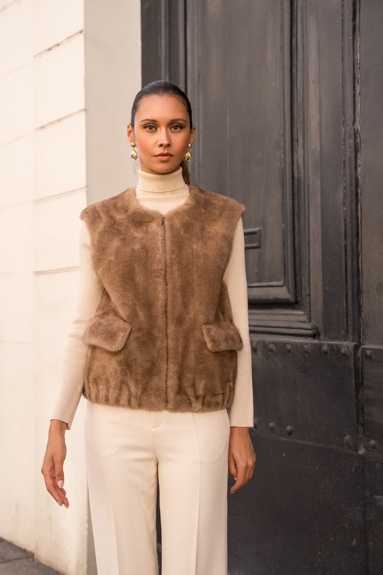 Gilet fourrure taupe/camel F082