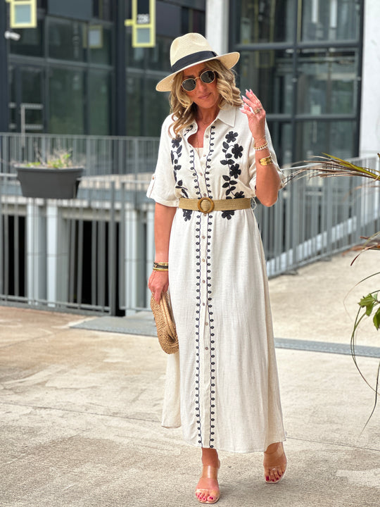 Robe longue lin ceinturée brodée Ro61871