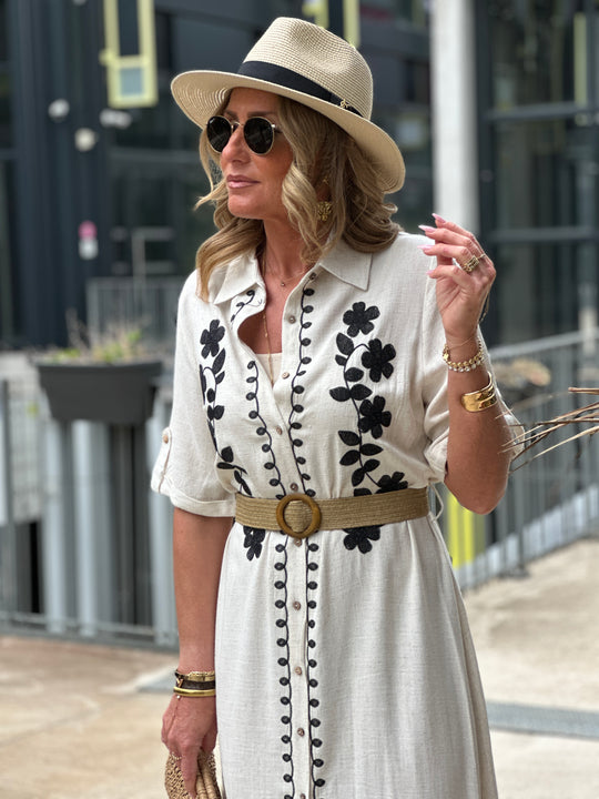 Robe longue lin ceinturée brodée Ro61871