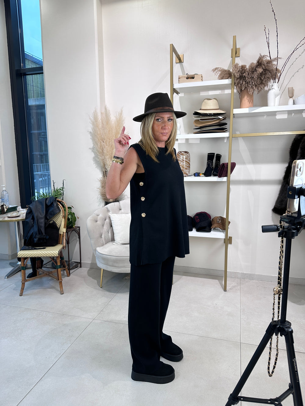 Ensemble top + pantalon avec boutons NOIR 93006