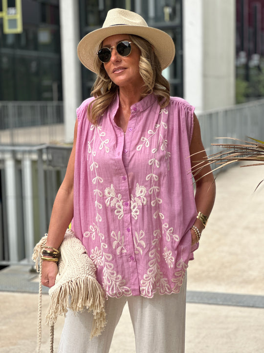 Chemise rose brodée blanc sans manches CH2998