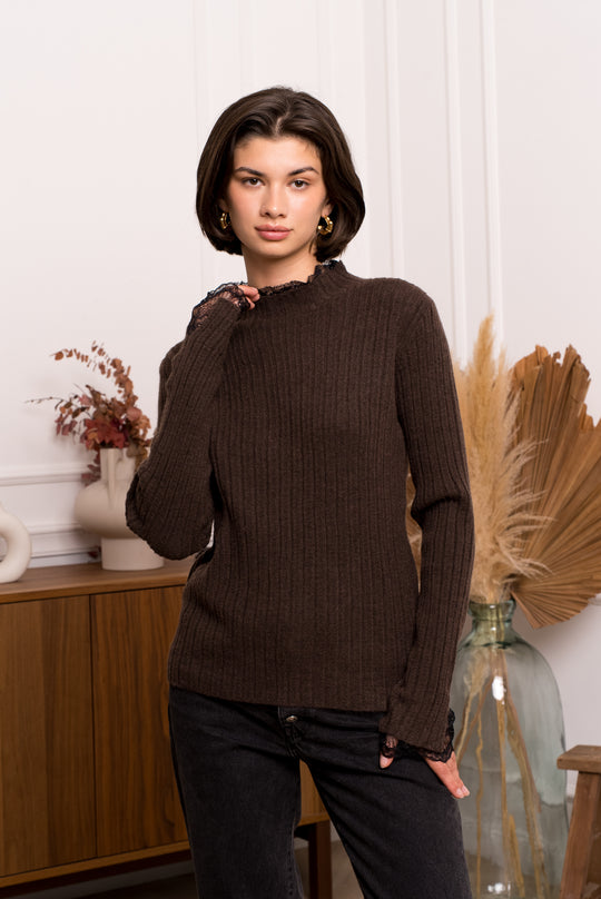 Pull choco col dentelle noir 1730