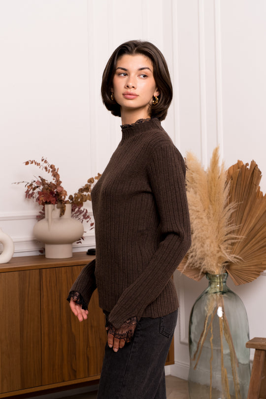 Pull choco col dentelle noir 1730