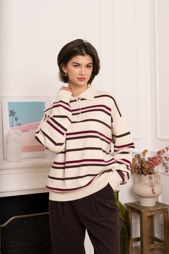 Pull polo raye écru/rose 1878