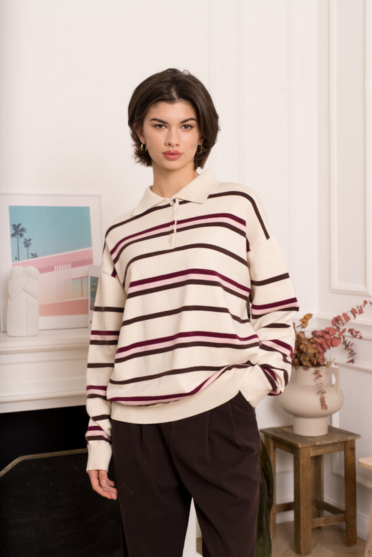 Pull polo raye écru/rose 1878