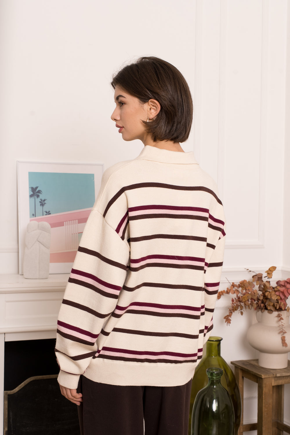 Pull polo raye écru/rose 1878