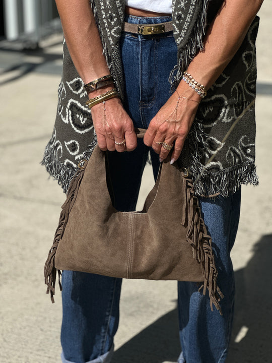 Sac daim cuir frange choco