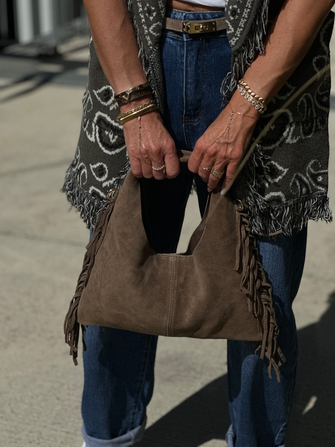 Sac daim cuir frange choco