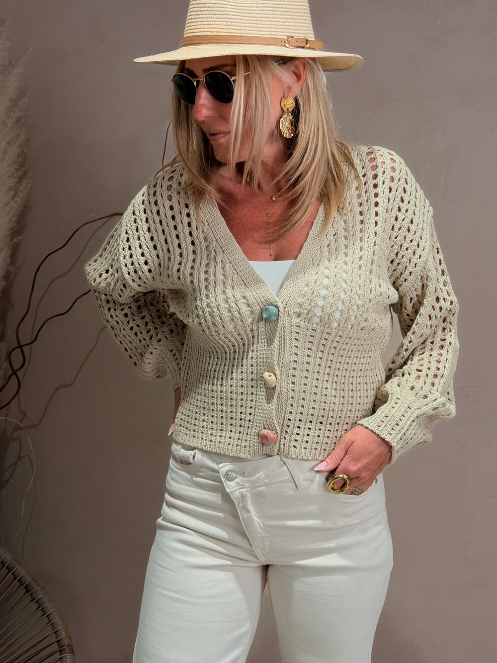 Gilet tricoté perles Taupe k1-03