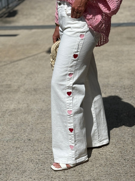 Jean blanc bandes cœurs rouge/rose 0236