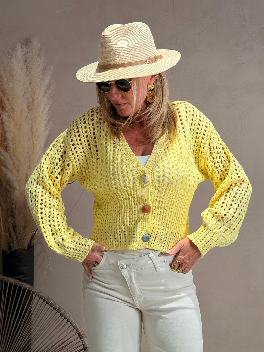 Gilet tricoté perles Jaune k1-03