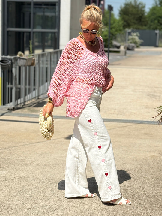 Jean blanc bandes cœurs rouge/rose 0236