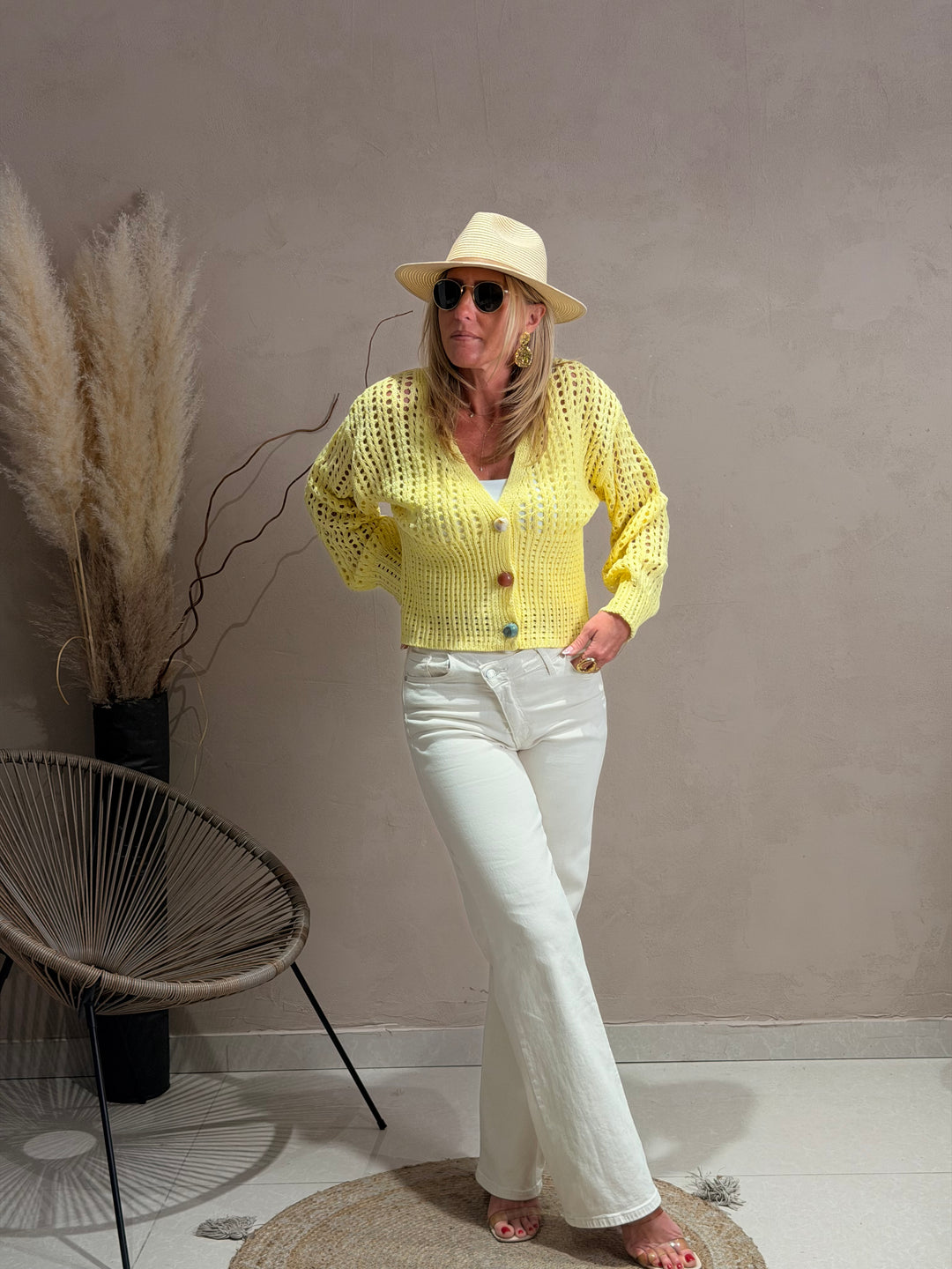 Gilet tricoté perles Jaune k1-03