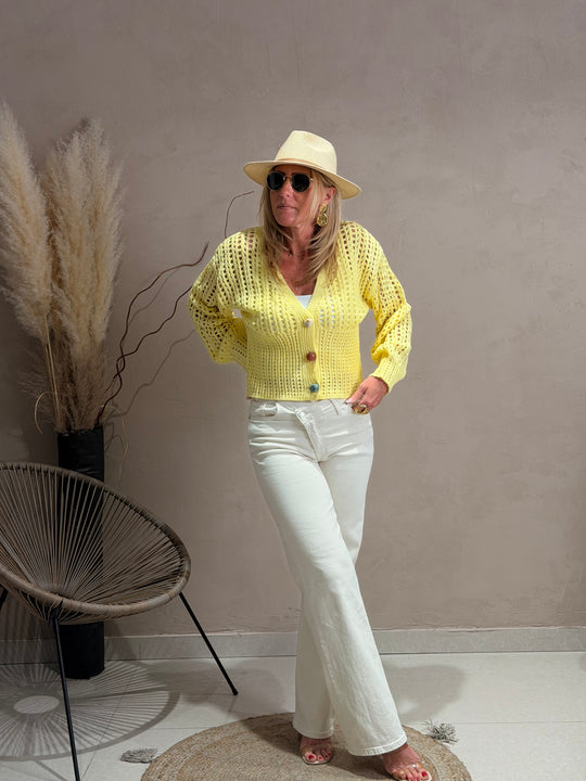 Gilet tricoté perles Jaune k1-03