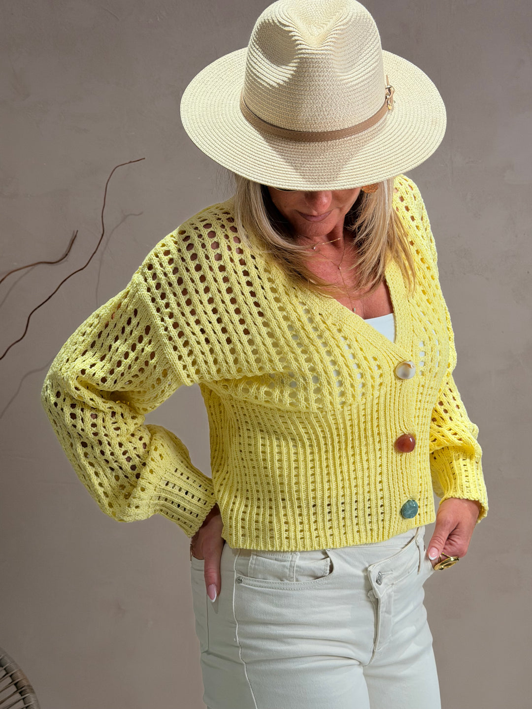 Gilet tricoté perles Jaune k1-03