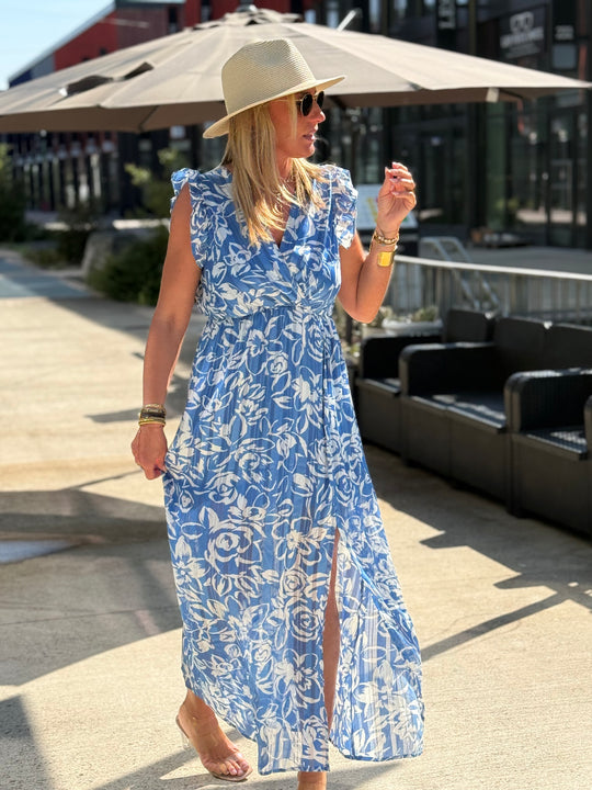 Robe lurex fleuri bleu 759