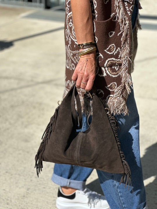 Sac daim cuir frange choco