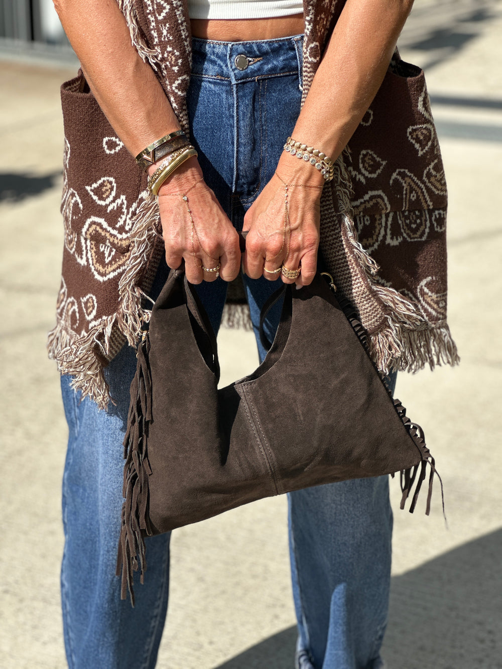 Sac daim cuir frange choco