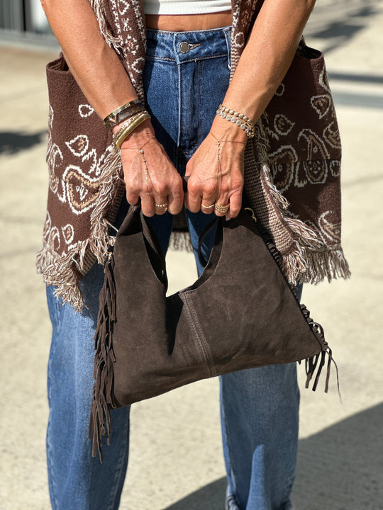 Sac daim cuir frange choco