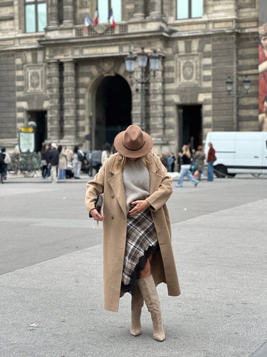 Jupe carreaux asymétrique dentelle Beige/camel (precommande 5J）