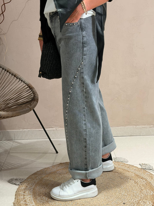 Jeans Clous Taille Mi-Haute Gris 0193