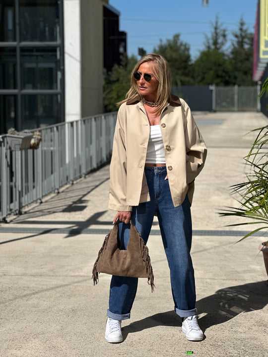 Sac daim cuir frange choco