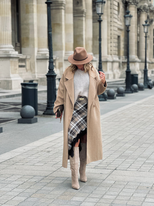 Jupe carreaux asymétrique dentelle Beige/camel (precommande 5J）