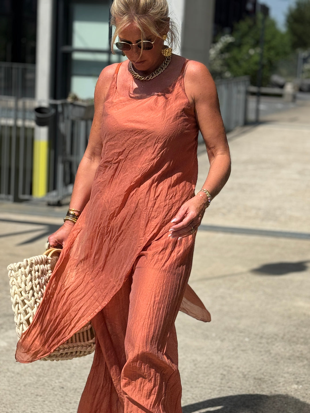 Ensemble tencel tunique asymétrique + pantalon TERRACOTTA8423