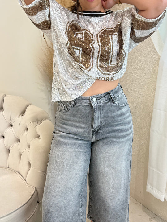 T-shirt sequin argenté NY